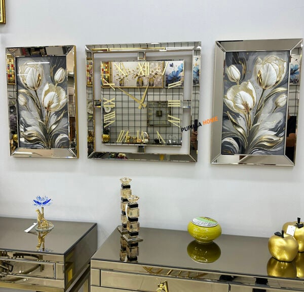 Gold Renk İnci Çiçek Desenli Aynalı 3'lü Tablo Saat Seti