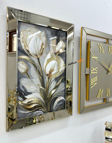 Gold Renk İnci Çiçek Desenli Aynalı 3'lü Tablo Saat Seti