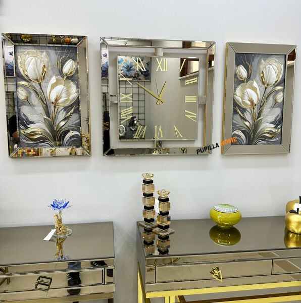 Gold Renk İnci Çiçek Desenli Aynalı 3'lü Tablo Saat Seti