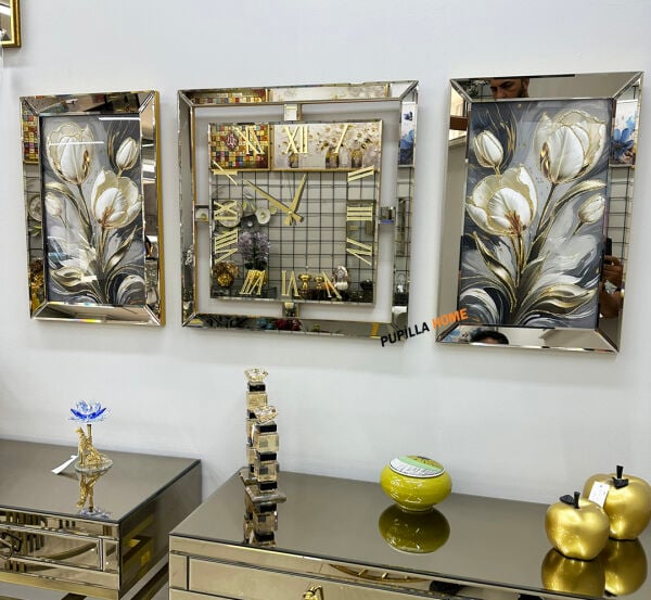 Gold Renk İnci Çiçek Desenli Aynalı 3'lü Tablo Saat Seti