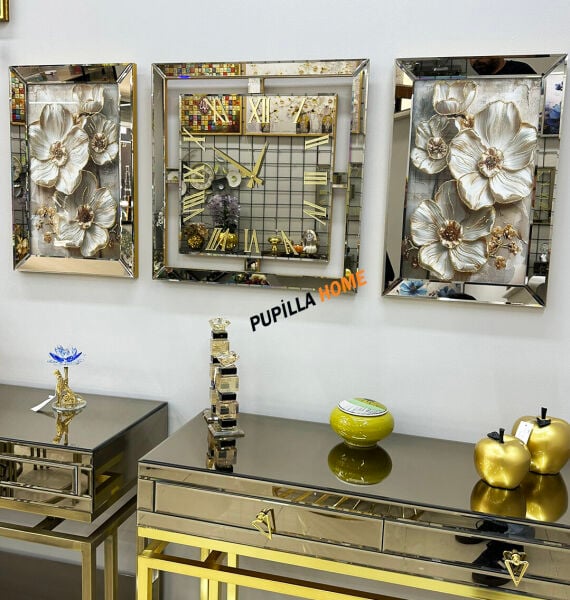 Gold Renk Manolya Tablo Desenli Aynalı 3'lü Dekoratif Saat Seti(Kopya)