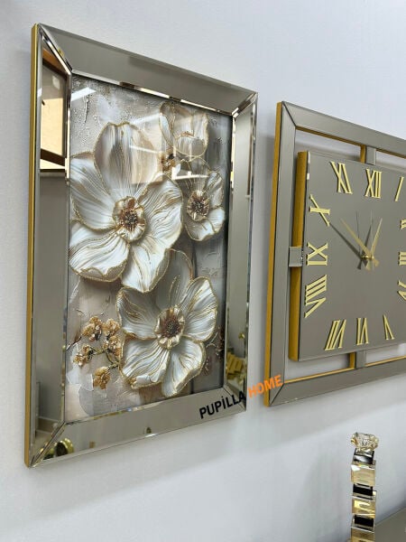 Gold Renk Manolya Tablo Desenli Aynalı 3'lü Dekoratif Saat Seti(Kopya)