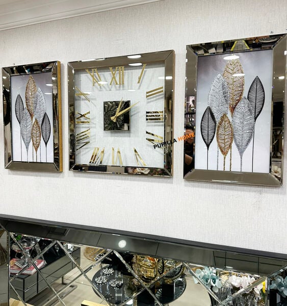 Gold Renk Yaprak Model Desenli Aynalı 3'lü Tablo Saat Seti