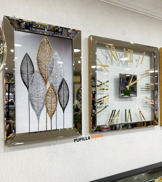 Gold Renk Yaprak Model Desenli Aynalı 3'lü Tablo Saat Seti