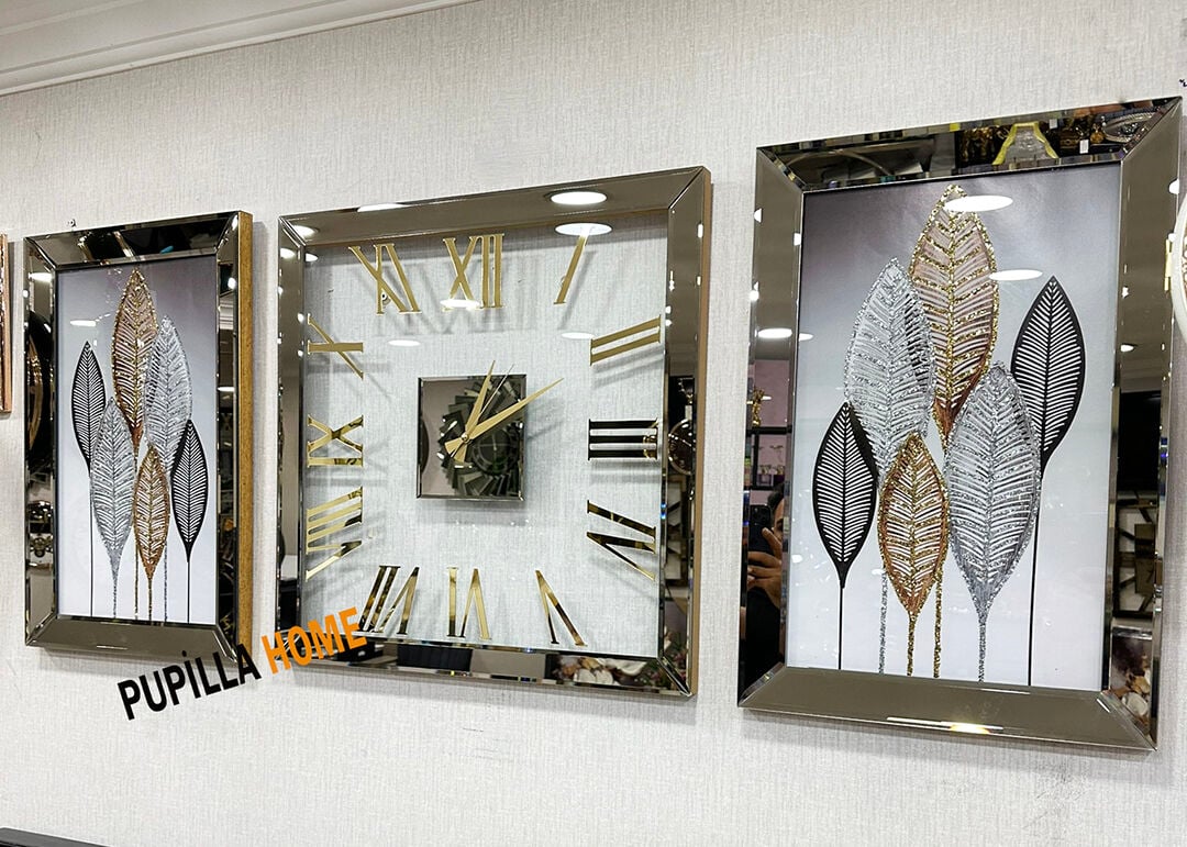 Gold Renk Yaprak Model Desenli Aynalı 3'lü Tablo Saat Seti