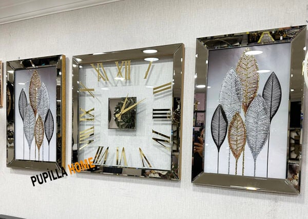 Gold Renk Yaprak Model Desenli Aynalı 3'lü Tablo Saat Seti