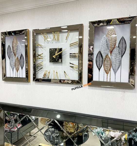 Gold Renk Yaprak Model Desenli Aynalı 3'lü Tablo Saat Seti