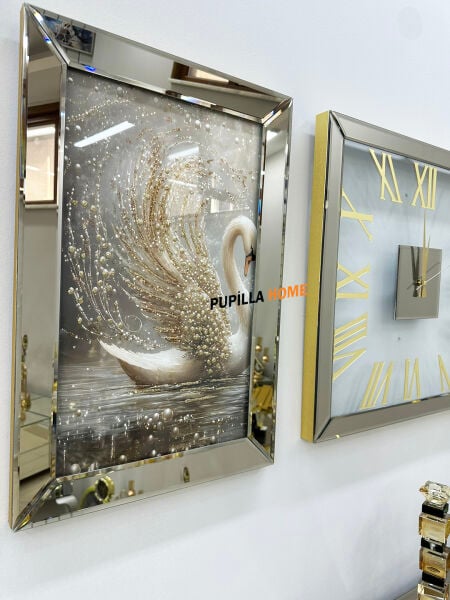 Gold Renk Tavuskuşu Model Desenli Aynalı 3'lü Tablo Saat Seti