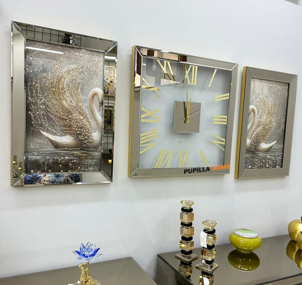 Gold Renk Tavuskuşu Model Desenli Aynalı 3'lü Tablo Saat Seti