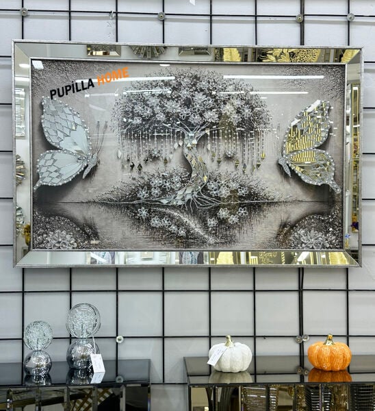 Gümüş Renk Çiçekli Kelebek Desenli Aynalı Tablo