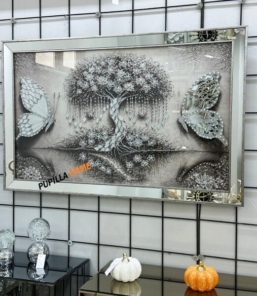 Gümüş Renk Çiçekli Kelebek Desenli Aynalı Tablo